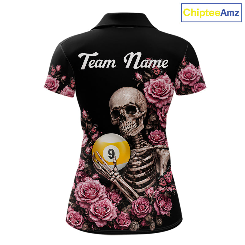 Custom Pink 8 Ball 9 Ball Roses Skeleton Gothic Quarter Zip Billiard Shirt Created for Pool League Teams with Performance Fabric and Tournament Ready Design