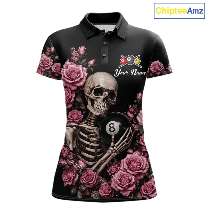 Pink 8 Ball 9 Ball Roses Skeleton Gothic Pool Polo Shirt Designed for Personalized Billiard Team Jerseys with Premium Athletic Performance and Artistic Style