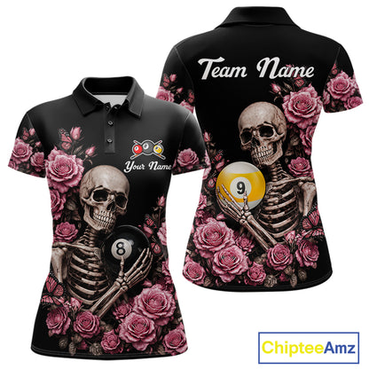 Custom Pink 8 Ball 9 Ball Roses and Skeleton Gothic Billiard Polo Shirt Featuring Elegant Gothic Artwork for Pool League Players, Team Competition, and Tournament Events