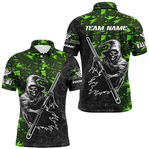 Personalized Green Abstract Death Skeleton Men Billiard Shirts, Halloween Scary Billiard Jerseys TDM2606