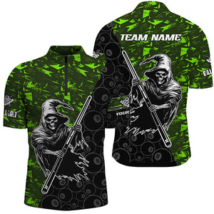 Personalized Green Abstract Death Skeleton Men Billiard Shirts, Halloween Scary Billiard Jerseys TDM2606