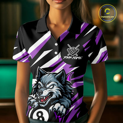 Black And Purple 8 Ball Wolf Billiard Shirt For Women Custom Billiard Jersey, Pool Team Shirt TDM5318
