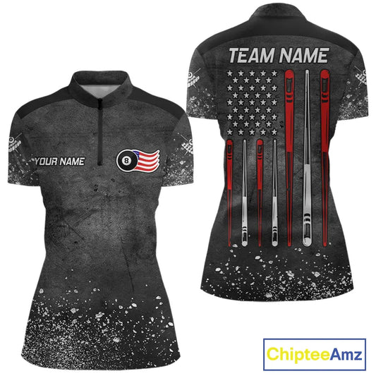 Personalized Billiard US Flag 8 Ball Pool Shirt For Women, Billiard Team Jersey Polo & 1/4 Zip TDM5579