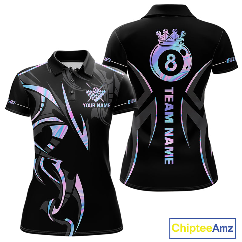 Custom Holographic 8 Ball Crown Billiard Shirts For Women, Pool Team Jersey Polo & 1/4 Zip |Black TDM6191