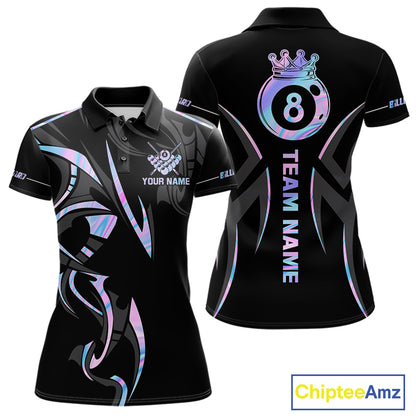 Custom Holographic 8 Ball Crown Billiard Shirts For Women, Pool Team Jersey Polo & 1/4 Zip |Black TDM6191