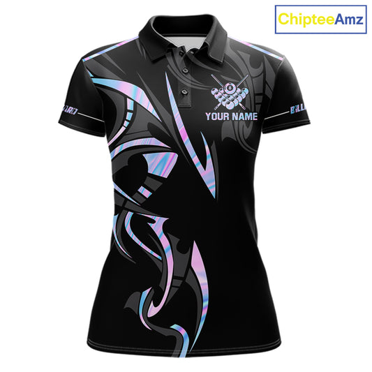 Custom Holographic 8 Ball Crown Billiard Shirts For Women, Pool Team Jersey Polo & 1/4 Zip |Black TDM6191