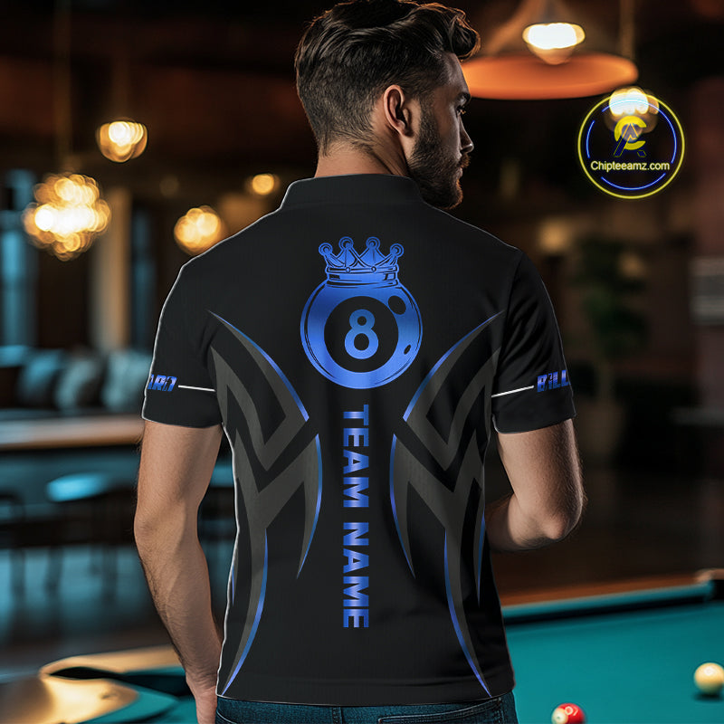 Custom Blue 8 Ball Pool Crown Billiard Shirts For Men, Billiard Team Jersey Polo & 1/4 Zip |Black TDM6192