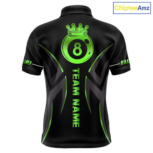 Custom Green 8 Ball Pool Crown Billiard Shirts For Men, Billiard Team Jersey Polo & 1/4 Zip |Black TDM6194