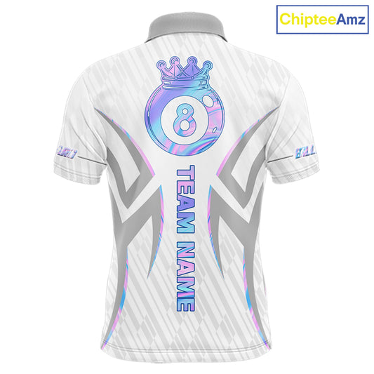 Custom Holographic 8 Ball Crown Billiard Shirts For Men, Pool Team Jersey Polo & 1/4 Zip |White TDM6195