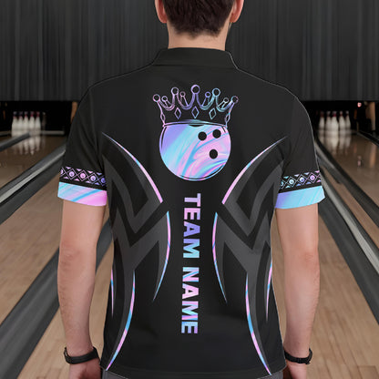 Custom Holographic Crown Bowling Ball Polo & Quarter Zip Shirt For Men, Bowling Team Jersey |Black TDM6196
