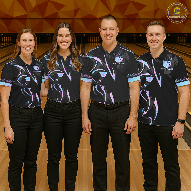 Custom Holographic Crown Bowling Ball Polo & Quarter Zip Shirt For Men, Bowling Team Jersey |Black TDM6196
