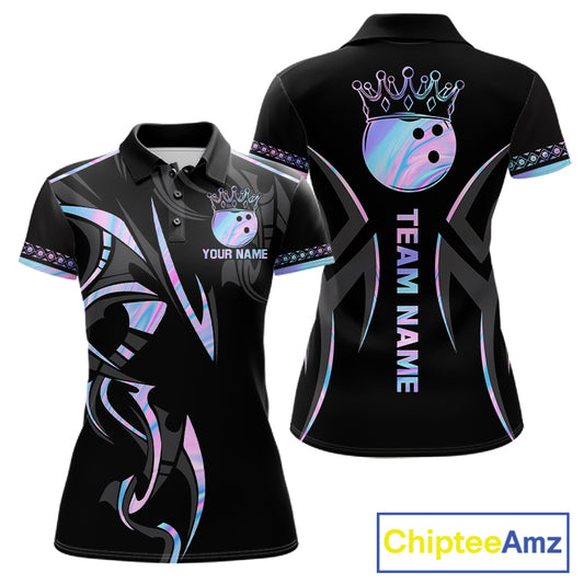 Custom Holographic Crown Bowling Ball Polo & Quarter Zip Shirt For Women, Bowling Team Jersey |Black TDM6196