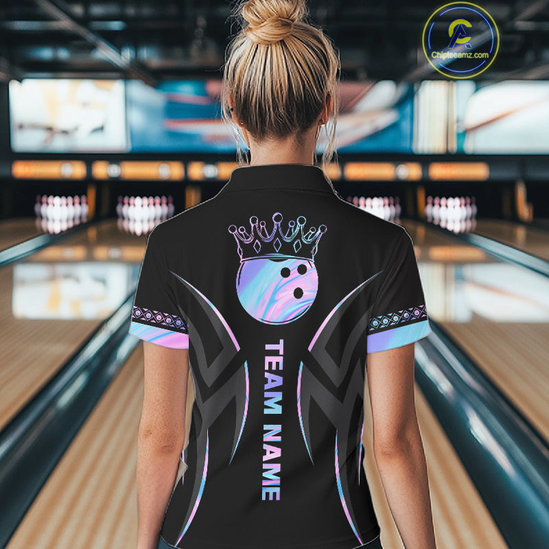 Custom Holographic Crown Bowling Ball Polo & Quarter Zip Shirt For Women, Bowling Team Jersey |Black TDM6196