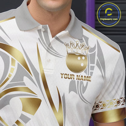 Custom Gold Bowling Ball Crown Bowling Shirt For Men, Bowling Team Jersey Polo & 1/4 Zip |White TDM6197