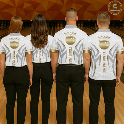 Custom Gold Bowling Ball Crown Bowling Shirt For Women, Bowling Team Jersey Polo & 1/4 Zip |White TDM6197