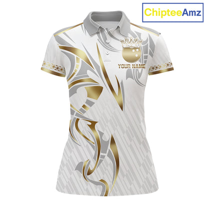 Custom Gold Bowling Ball Crown Bowling Shirt For Women, Bowling Team Jersey Polo & 1/4 Zip |White TDM6197
