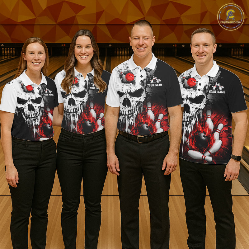 Personalized Red Grunge Skull Bowling Shirt For Men, Bowling League Team Jersey Polo & 1/4 Zip TDM6418