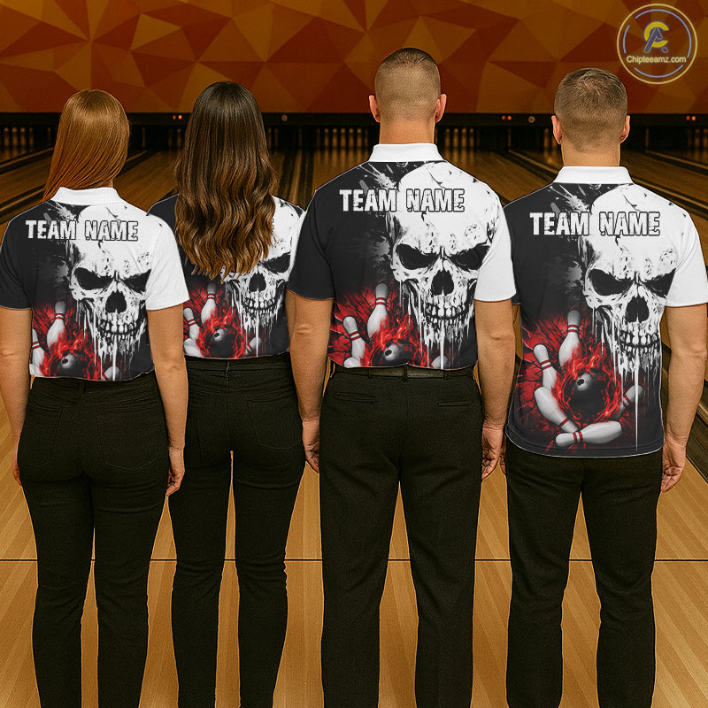 Personalized Red Grunge Skull Bowling Shirt For Men, Bowling League Team Jersey Polo & 1/4 Zip TDM6418