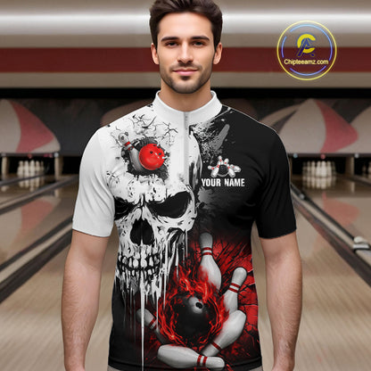 Personalized Red Grunge Skull Bowling Shirt For Men, Bowling League Team Jersey Polo & 1/4 Zip TDM6418