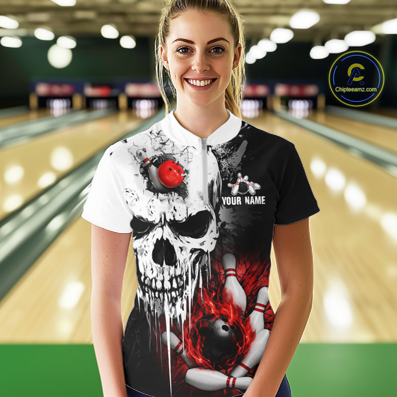 Personalized Red Grunge Skull Bowling Shirt For Women, Bowling League Team Jersey Polo & 1/4 Zip TDM6418