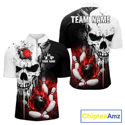 Personalized Red Grunge Skull Bowling Shirt For Men, Bowling League Team Jersey Polo & 1/4 Zip TDM6418