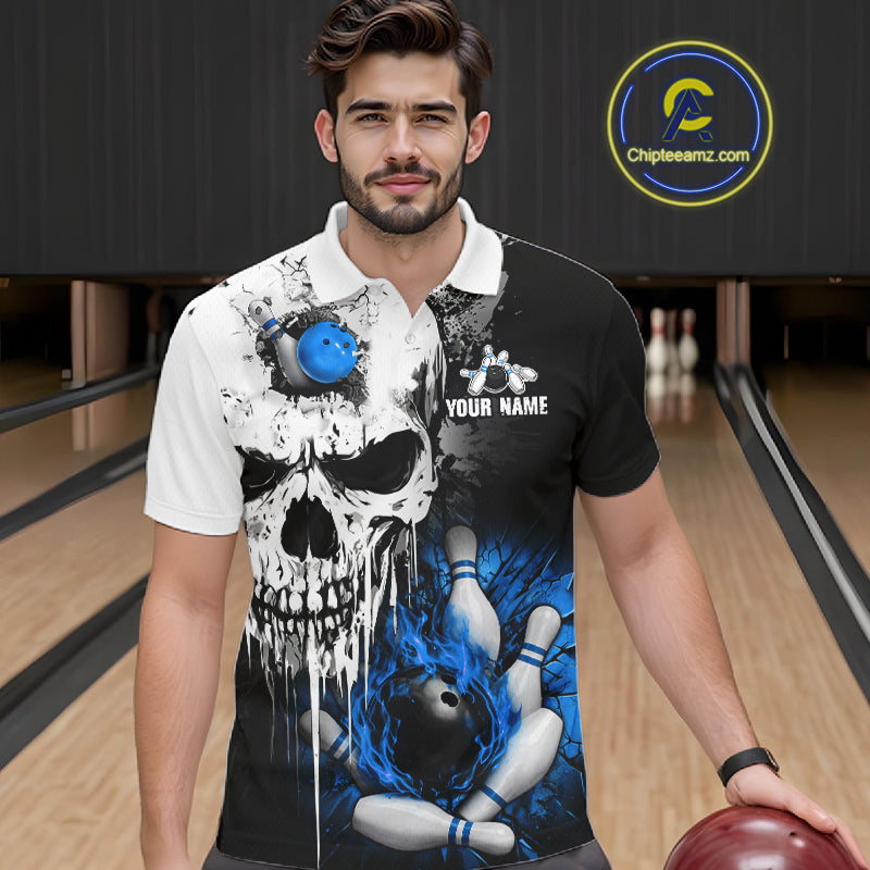 Personalized Blue Grunge Skull Bowling Shirt For Men, Bowling League Team Jersey Polo & 1/4 Zip TDM6419