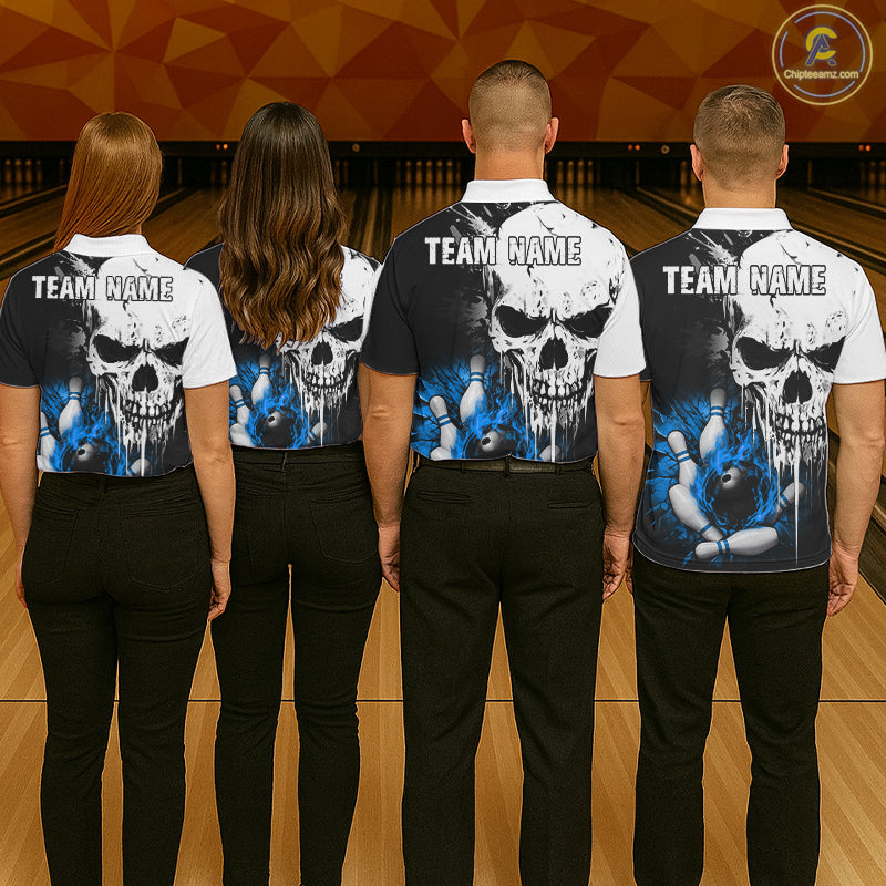 Personalized Blue Grunge Skull Bowling Shirt For Men, Bowling League Team Jersey Polo & 1/4 Zip TDM6419