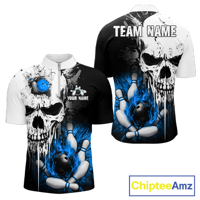 Personalized Blue Grunge Skull Bowling Shirt For Men, Bowling League Team Jersey Polo & 1/4 Zip TDM6419