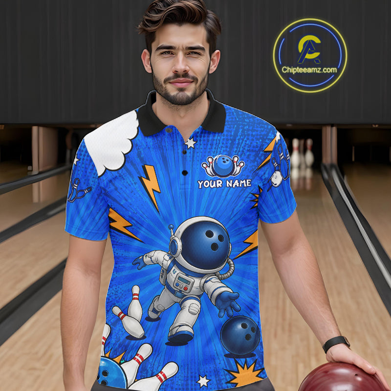 Blue Funny Astronaut Bowling Shirt For Men Custom Bowling Jersey, Bowling Uniform Polo & 1/4 Zip TDM6421