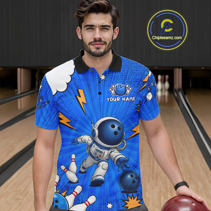 Blue Funny Astronaut Bowling Shirt For Men Custom Bowling Jersey, Bowling Uniform Polo & 1/4 Zip TDM6421
