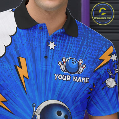 Blue Funny Astronaut Bowling Shirt For Men Custom Bowling Jersey, Bowling Uniform Polo & 1/4 Zip TDM6421