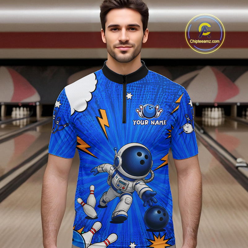 Blue Funny Astronaut Bowling Shirt For Men Custom Bowling Jersey, Bowling Uniform Polo & 1/4 Zip TDM6421