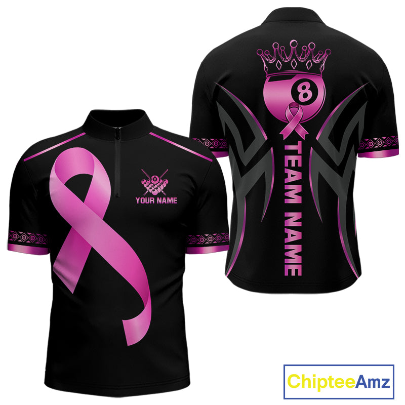 Pink Ribbon Crown 8 Ball Breast Cancer Awareness Quarter Zip Billiard Shirt Created for Pool League Teams with Performance Fabric and Tournament Ready Team Design