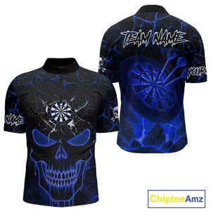 Personalized Skull Cracks Pattern Blue Darts Shirt For Men, Darts League Jersey Polo & 1/4 Zip TDM5105