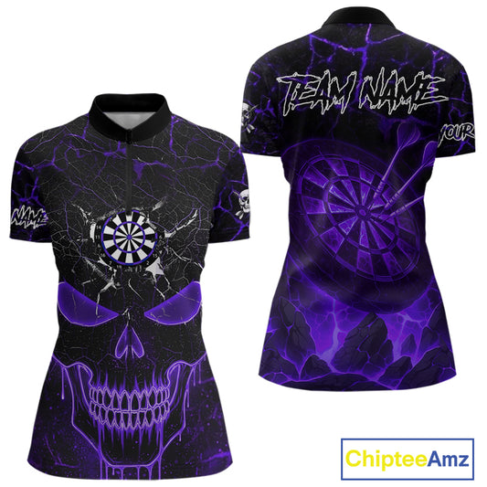 Personalized Skull Cracks Pattern Purple Darts Shirt For Women, Darts League Jersey Polo & 1/4 Zip TDM5106
