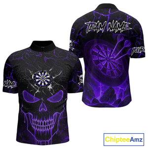 Personalized Skull Cracks Pattern Purple Darts Shirt For Men, Darts League Jersey Polo & 1/4 Zip TDM5106