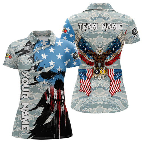 Customized Camo Ball 8 & Ball 9 Eagle Flag Skull Women Billiard Shirts, US Patriotic Billiard Jersey TDM3093