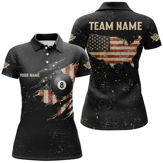 Personalized Grunge Retro USA Flag Billiard Women Polo Shirts, Patriotic Billiard Jerseys Uniform TDM1156