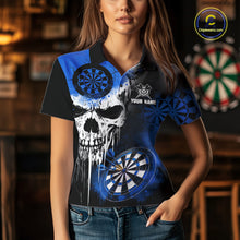 Load image into Gallery viewer, Personalized Blue Grunge Skull Darts Shirt For Women Custom Darts Jersey Team Polo &amp; 1/4 Zip TDM6432