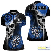 Load image into Gallery viewer, Personalized Blue Grunge Skull Darts Shirt For Women Custom Darts Jersey Team Polo &amp; 1/4 Zip TDM6432