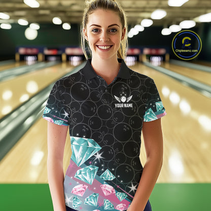Woman wearing a pink and turquoise diamond bowling polo shirt in a bowling alley, featuring customizable player name and team name text.