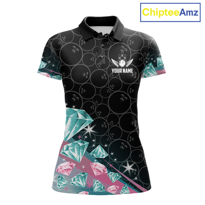 Women's bowling polo shirt with pink and turquoise diamond graphics, featuring customizable player name and team name text.