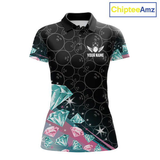 Women's bowling polo shirt with pink and turquoise diamond graphics, featuring customizable player name and team name text.