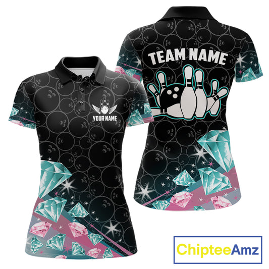 Women's bowling polo shirt with pink and turquoise diamond graphics, featuring customizable player name and team name text.