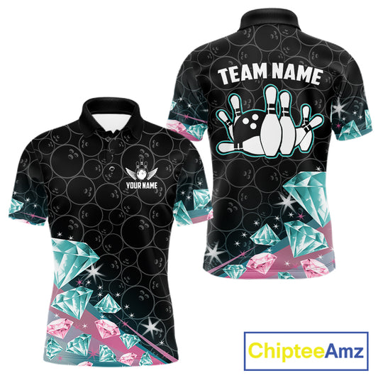 Men's bowling polo shirt with pink and turquoise diamond graphics, featuring customizable player name and team name text.