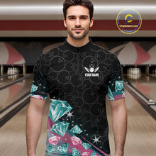 Load image into Gallery viewer, Man wearing a black bowling shirt with diamonds patterns in a bowling alley.