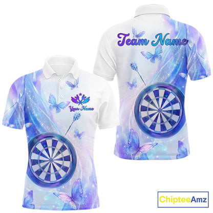 Polo shirt with butterfly and dart design on a pastel background, featuring customizable "Your Name" and "Team Name" 