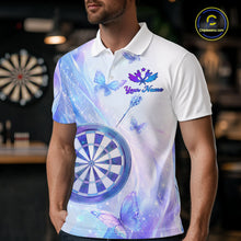 Load image into Gallery viewer, Man wearing a white polo shirt with a colorful design of butterflies and a dartboard, with 'Your Name' text.