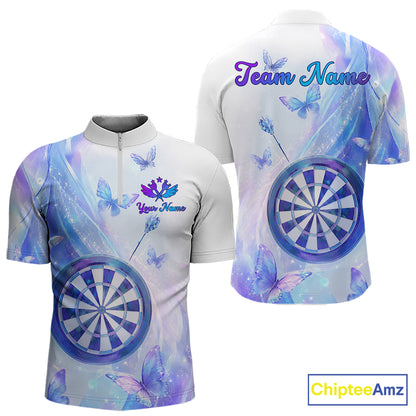 Quarter zip shirt with butterfly and dart design on a pastel background, featuring customizable "Your Name" and "Team Name" 