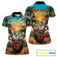 Load image into Gallery viewer, Women' bowling polo shirt featuring a tropical hibiscus and ocean scene design, with customizable player name and team name text.